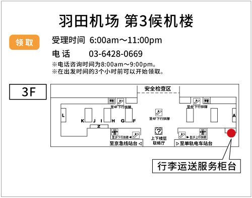 地图：羽田机场第3候机楼 领取 JAL ABC出发柜台
