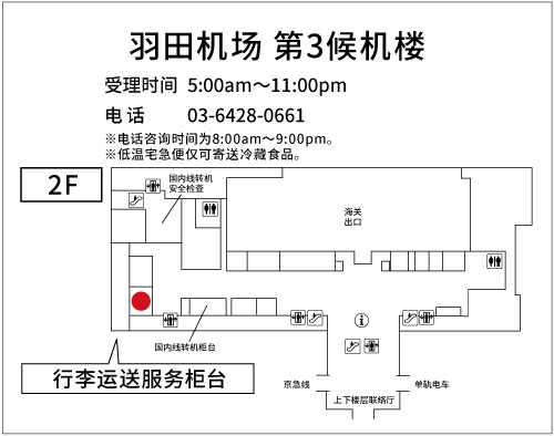 地图：羽田机场第3候机楼 发送 JAL ABC到达柜台