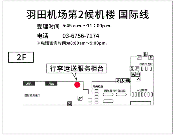 地图：羽田机场第2候机楼（国际线）行李运送服务柜台